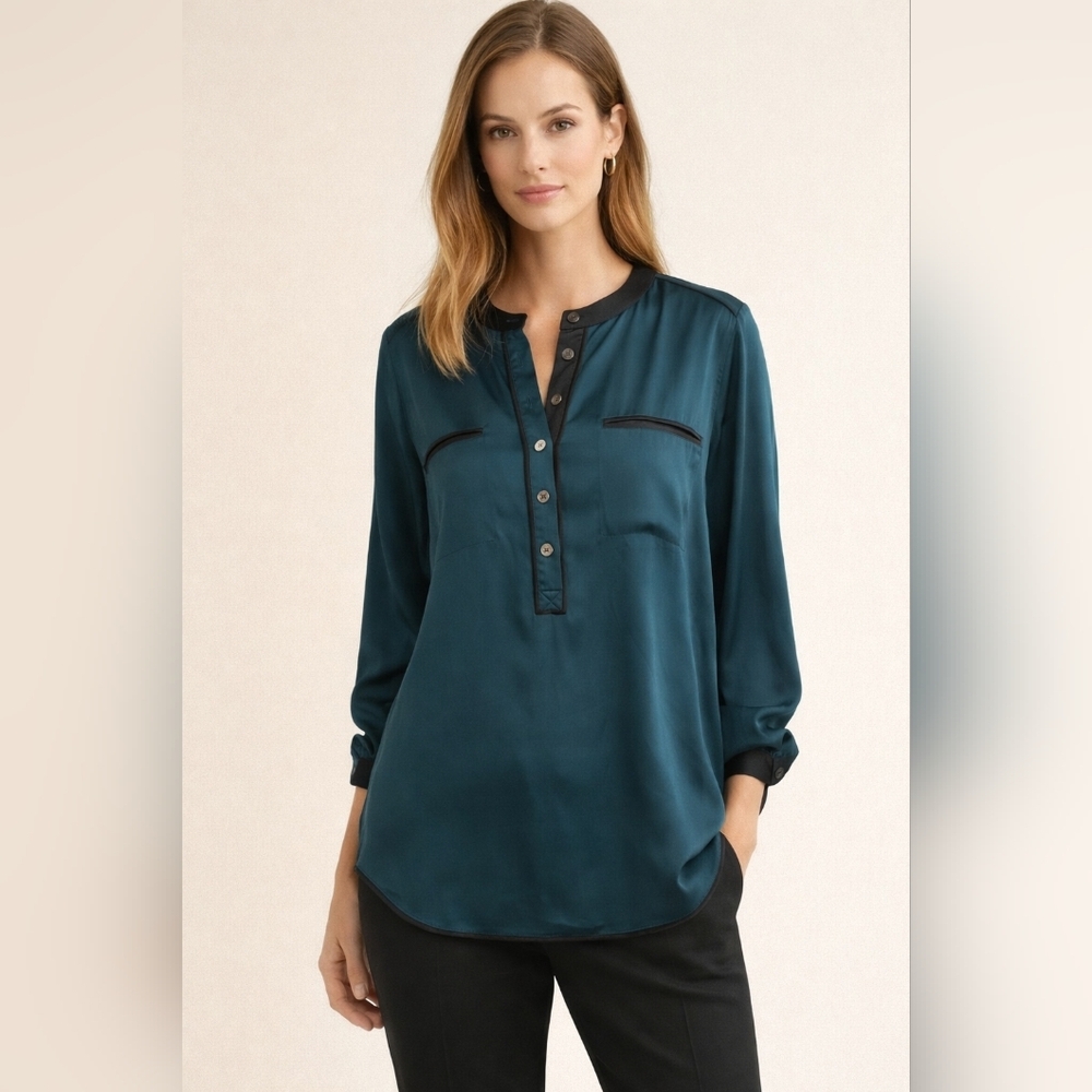 Repeat deep teal silk blouse trimmed in black leather sz 42/L/10-12 #1374